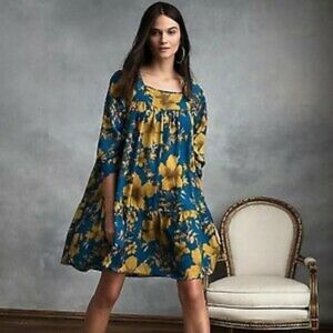 Happy Nature Blue and Mustard Yellow Square Neckline Dress Size S